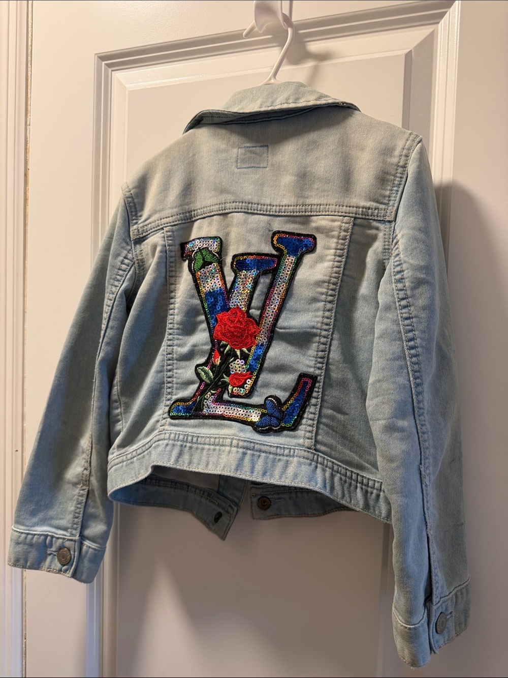 Light Blue Kids Denim Jacket with Colorful Sequin Patch